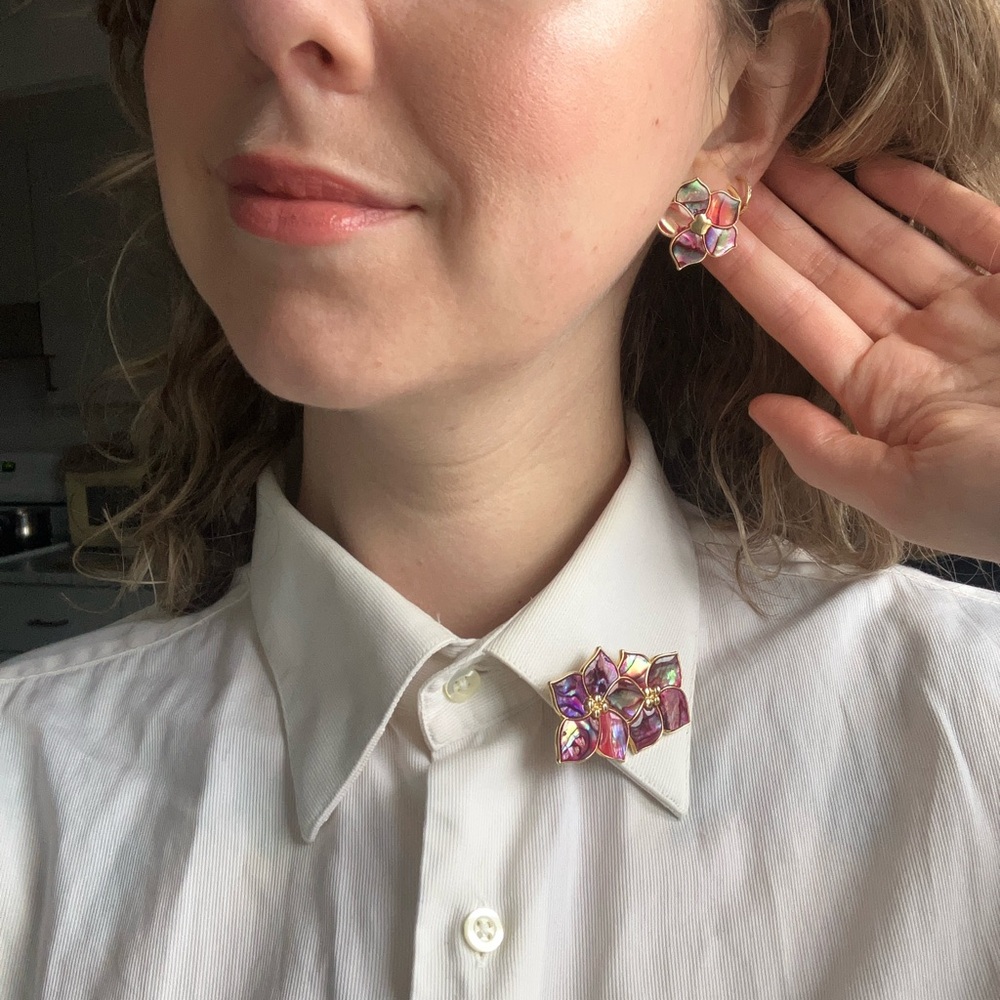 Vintage Pink and Gold Floral Earrings and brooch set